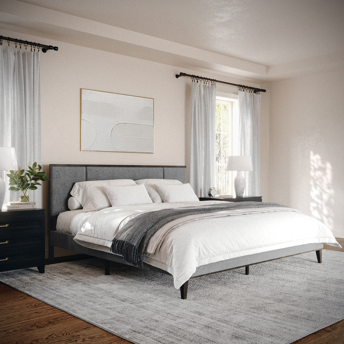 Gray Fabric/Brown Gray Frame,King |#| Wooden King Size Platform Bed with Upholstered Inset Headboard-Gray Brown/Gray