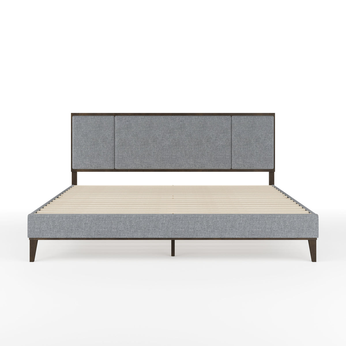 Gray Fabric/Brown Gray Frame,King |#| Wooden King Size Platform Bed with Upholstered Inset Headboard-Gray Brown/Gray