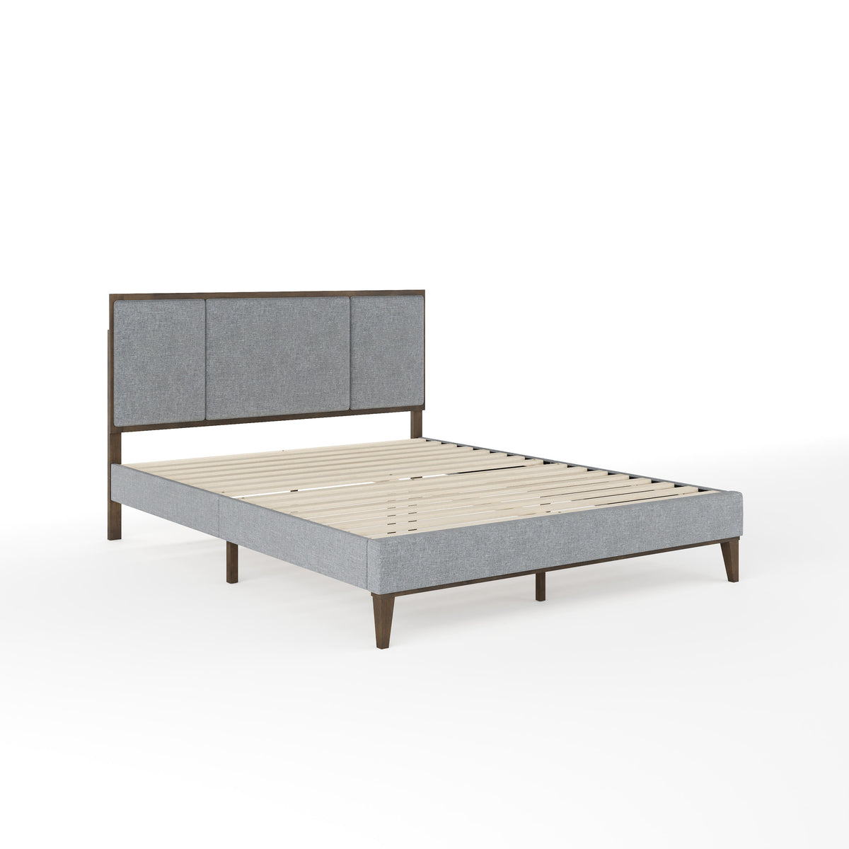 Gray Fabric/Brown Gray Frame,Queen |#| Wooden Queen Size Platform Bed with Upholstered Inset Headboard-Gray Brown/Gray