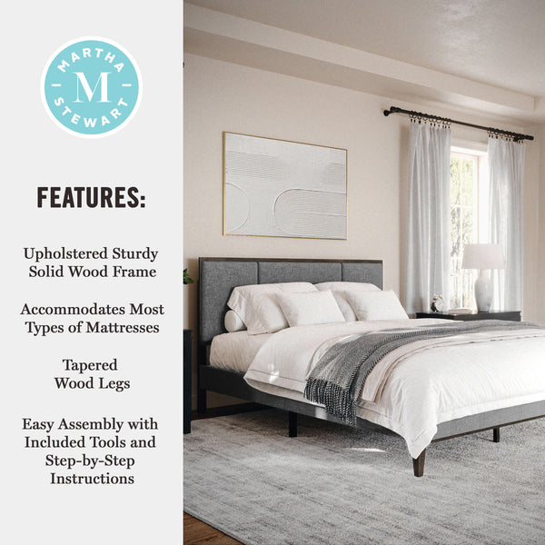 Gray Fabric/Brown Gray Frame,Queen |#| Wooden Queen Size Platform Bed with Upholstered Inset Headboard-Gray Brown/Gray