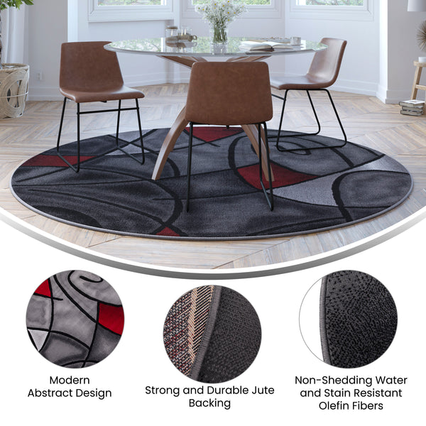 Lava,7' Round |#| Abstract Style Round Accent Area Rug with Red and Gray Design - 7' x 7'
