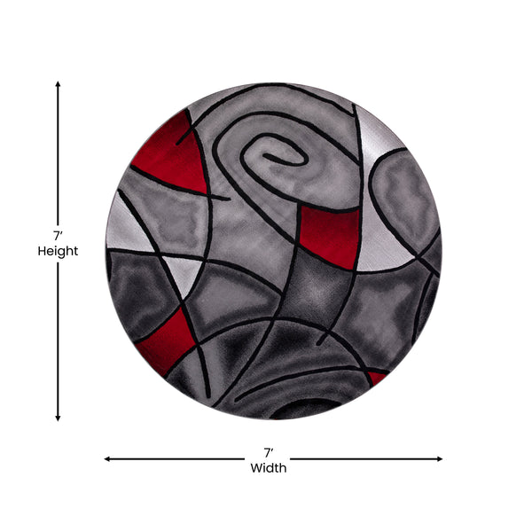 Lava,7' Round |#| Abstract Style Round Accent Area Rug with Red and Gray Design - 7' x 7'