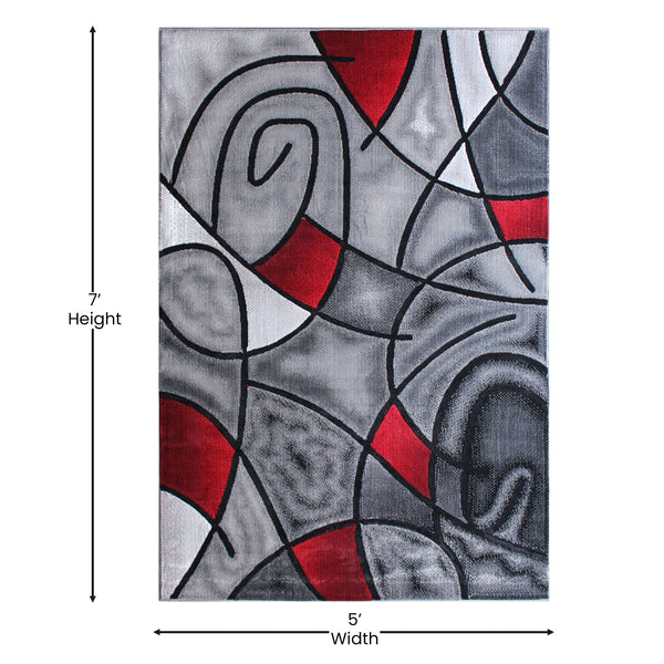 Red,5' x 7' |#| Modern Olefin Accent Area Rug - Red & Gray Abstract Pattern - 5' x 7'