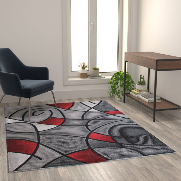 Red,5' x 7' |#| Modern Olefin Accent Area Rug - Red & Gray Abstract Pattern - 5' x 7'