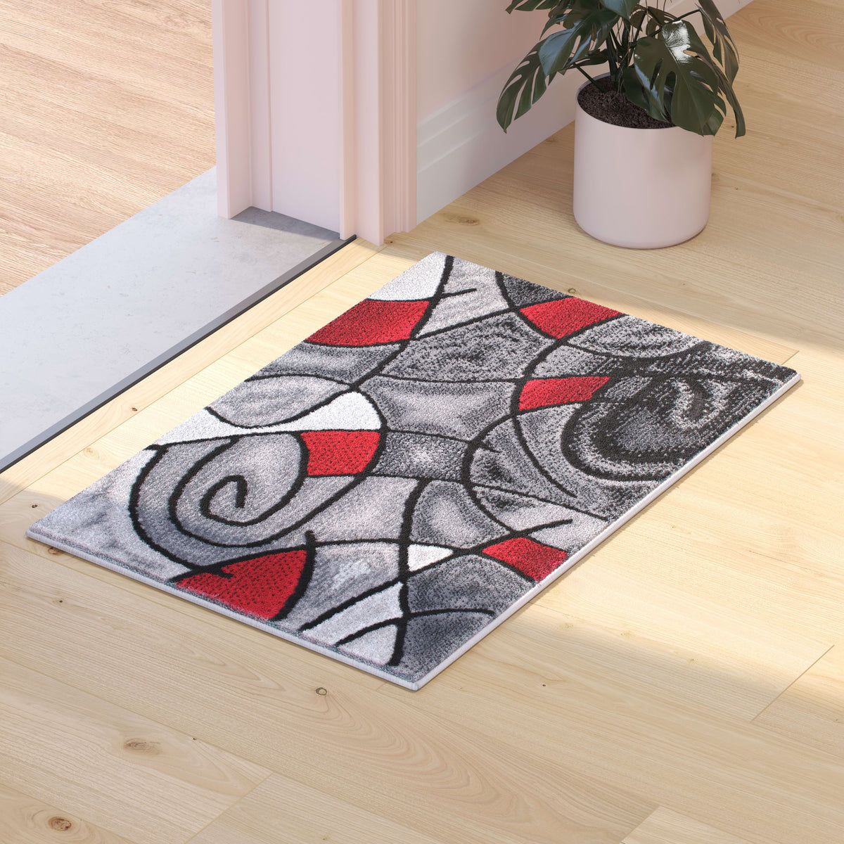 Red,2' x 3' |#| Abstract Style Design Entryway Accent Rug - Red & Gray - 2' x 3'