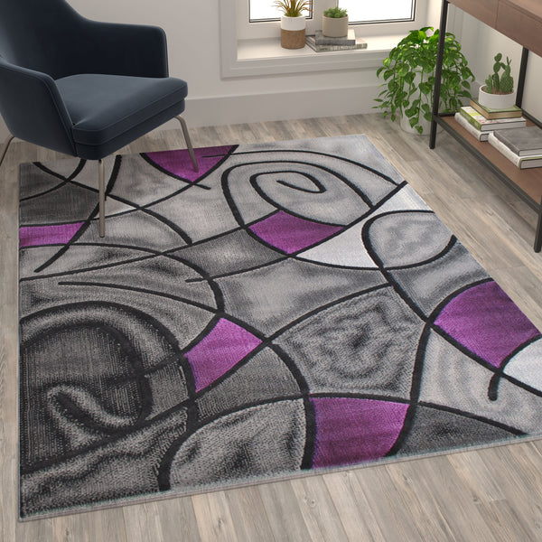 Purple,5' x 7' |#| Modern Olefin Accent Area Rug - Purple & Gray Abstract Pattern - 5' x 7'