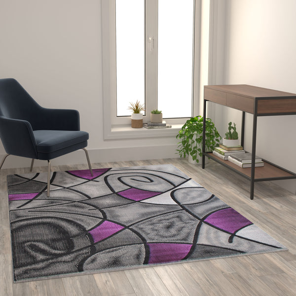 Purple,5' x 7' |#| Modern Olefin Accent Area Rug - Purple & Gray Abstract Pattern - 5' x 7'
