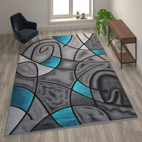 Turquoise,8' x 10' |#| Modern Olefin Accent Area Rug - Turquoise & Gray Abstract Pattern - 8' x 10'
