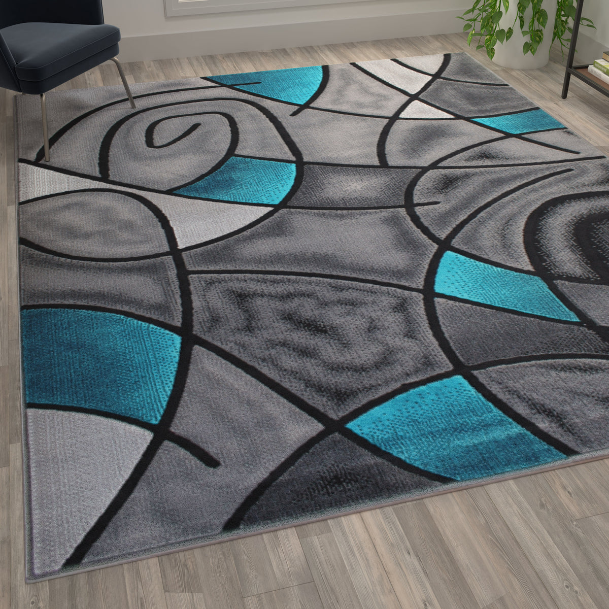 Turquoise,8' x 10' |#| Modern Olefin Accent Area Rug - Turquoise & Gray Abstract Pattern - 8' x 10'