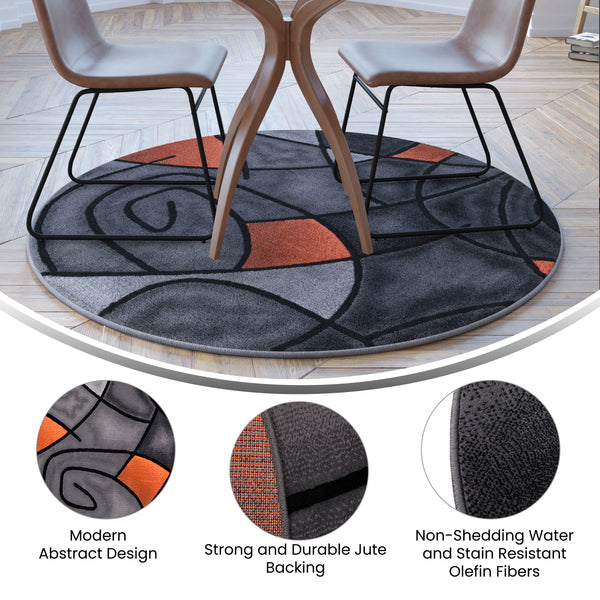 Orange,5' Round |#| Abstract Style Round Accent Area Rug with Orange and Gray Design - 5' x 5'