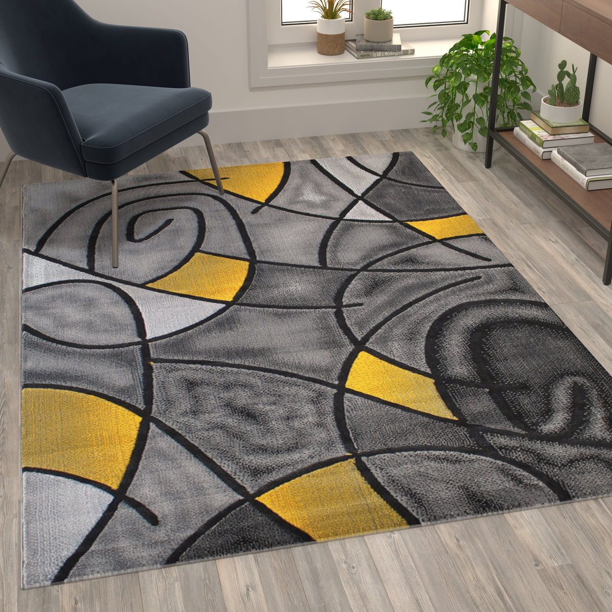 Yellow,5' x 7' |#| Modern Olefin Accent Area Rug - Yellow & Gray Abstract Pattern - 5' x 7'