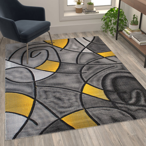 Yellow,5' x 7' |#| Modern Olefin Accent Area Rug - Yellow & Gray Abstract Pattern - 5' x 7'