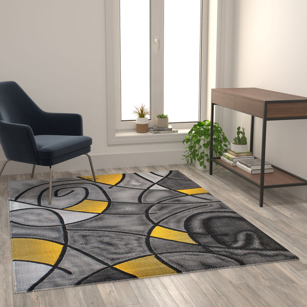 Yellow,5' x 7' |#| Modern Olefin Accent Area Rug - Yellow & Gray Abstract Pattern - 5' x 7'