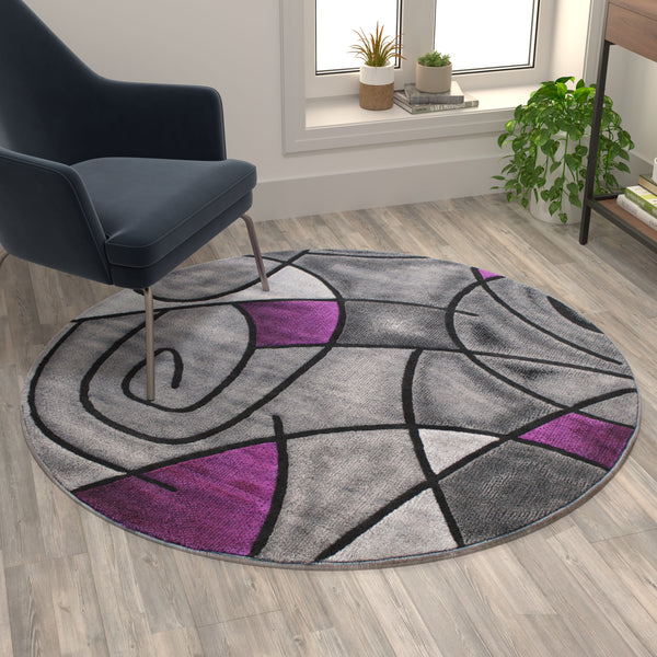 Purple,5' Round |#| Abstract Style Round Accent Area Rug with Purple and Gray Design - 5' x 5'