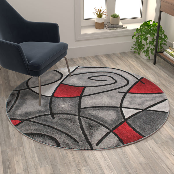Red,5' Round |#| Abstract Style Round Accent Area Rug with Red and Gray Design - 5' x 5'