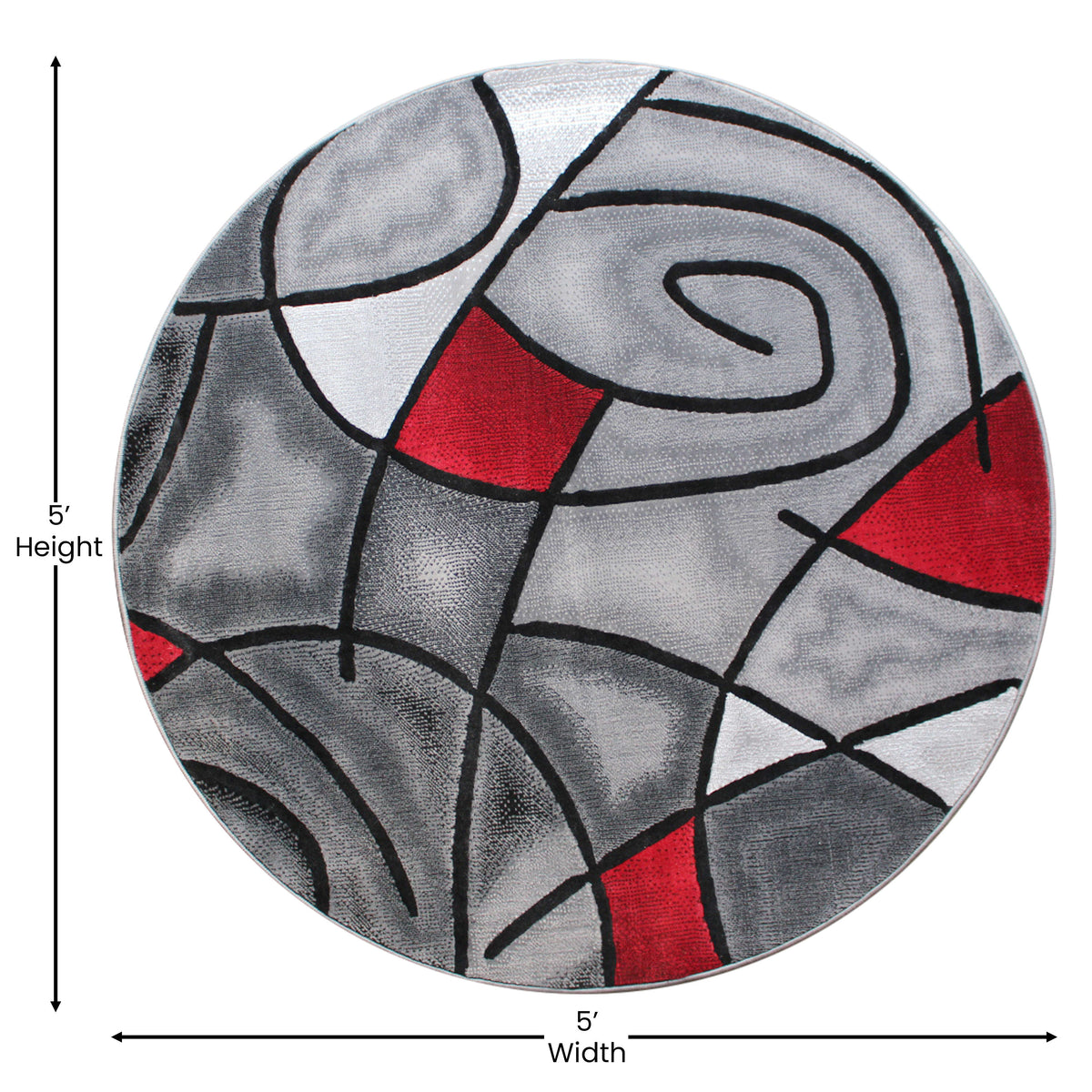 Red,5' Round |#| Abstract Style Round Accent Area Rug with Red and Gray Design - 5' x 5'