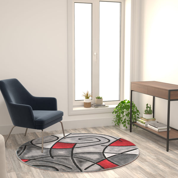 Red,5' Round |#| Abstract Style Round Accent Area Rug with Red and Gray Design - 5' x 5'