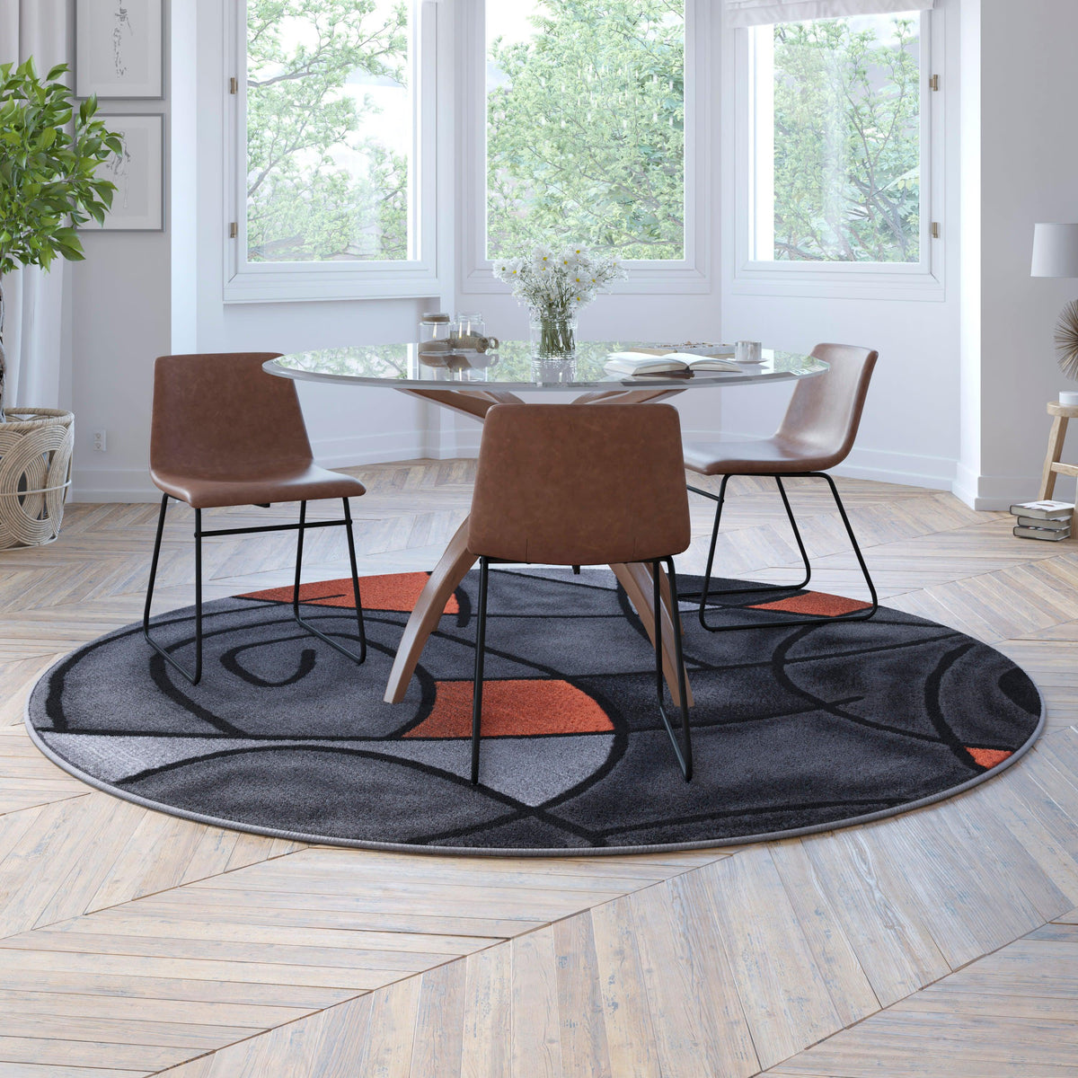 Orange,7' Round |#| Abstract Style Round Accent Area Rug with Orange and Gray Design - 7' x 7'