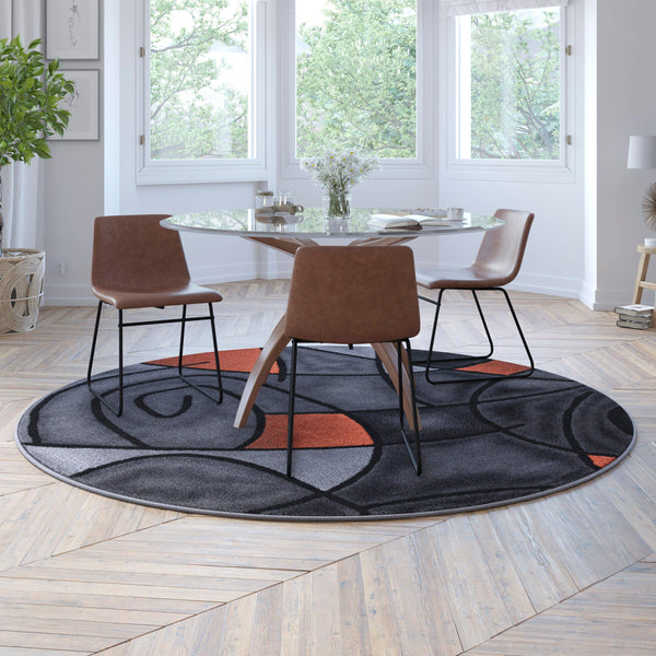 Orange,7' Round |#| Abstract Style Round Accent Area Rug with Orange and Gray Design - 7' x 7'