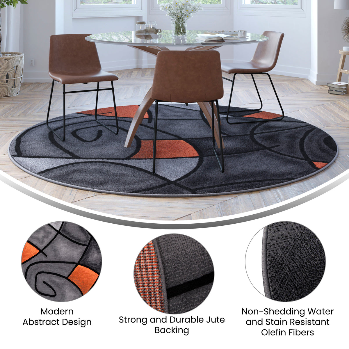 Orange,7' Round |#| Abstract Style Round Accent Area Rug with Orange and Gray Design - 7' x 7'