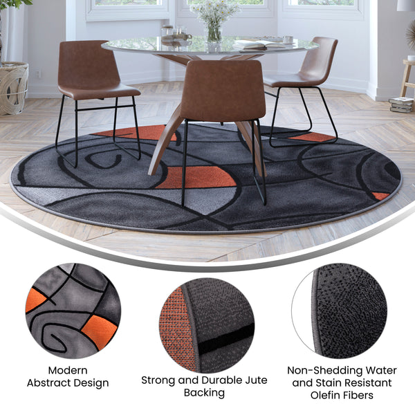 Orange,7' Round |#| Abstract Style Round Accent Area Rug with Orange and Gray Design - 7' x 7'