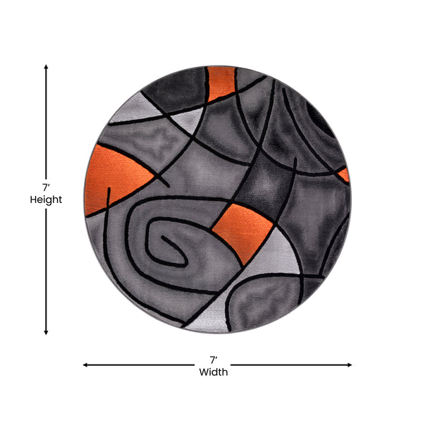 Orange,7' Round |#| Abstract Style Round Accent Area Rug with Orange and Gray Design - 7' x 7'