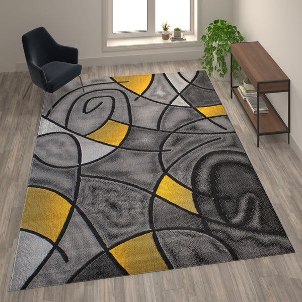 Yellow,8' x 10' |#| Modern Olefin Accent Area Rug - Yellow & Gray Abstract Pattern - 8' x 10'