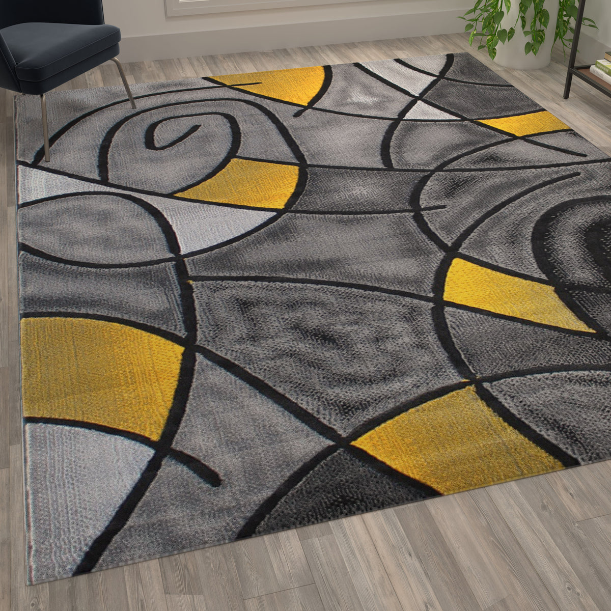Yellow,8' x 10' |#| Modern Olefin Accent Area Rug - Yellow & Gray Abstract Pattern - 8' x 10'
