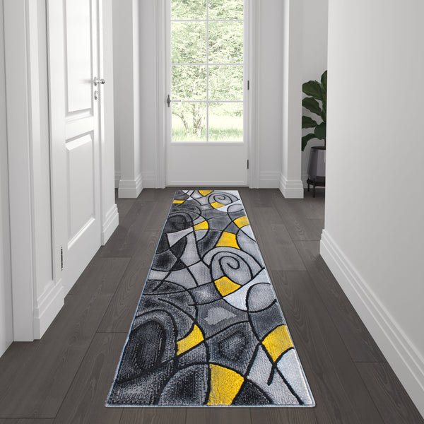 Yellow,2' x 7' |#| Abstract Design Hallway Runner Accent Rug - Yellow and Gray - 2' x 7'