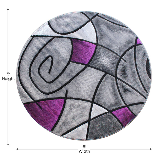 Purple,5' Round |#| Abstract Style Round Accent Area Rug with Purple and Gray Design - 5' x 5'