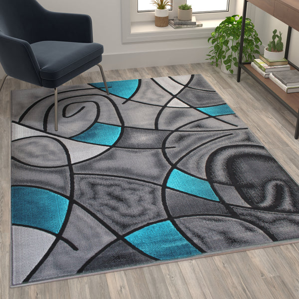 Turquoise,5' x 7' |#| Modern Olefin Accent Area Rug - Turquoise & Gray Abstract Pattern - 5' x 7'