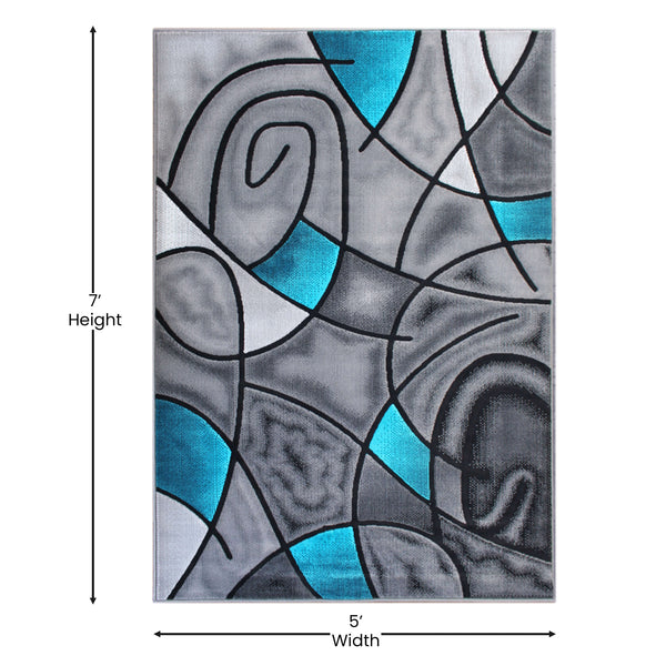 Turquoise,5' x 7' |#| Modern Olefin Accent Area Rug - Turquoise & Gray Abstract Pattern - 5' x 7'