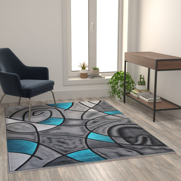 Turquoise,5' x 7' |#| Modern Olefin Accent Area Rug - Turquoise & Gray Abstract Pattern - 5' x 7'