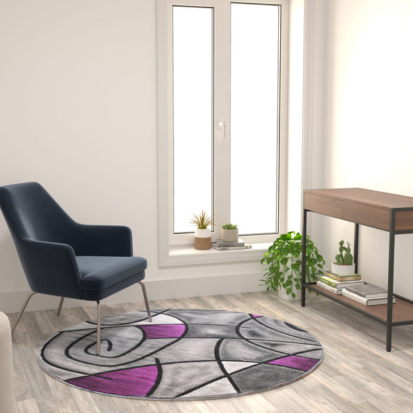 Purple,5' Round |#| Abstract Style Round Accent Area Rug with Purple and Gray Design - 5' x 5'