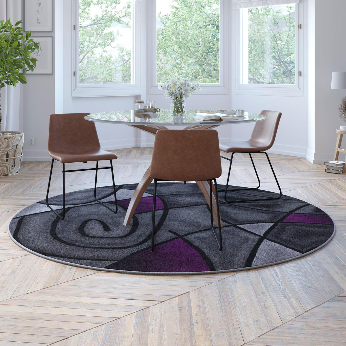 Purple,7' Round |#| Abstract Style Round Accent Area Rug with Purple and Gray Design - 7' x 7'