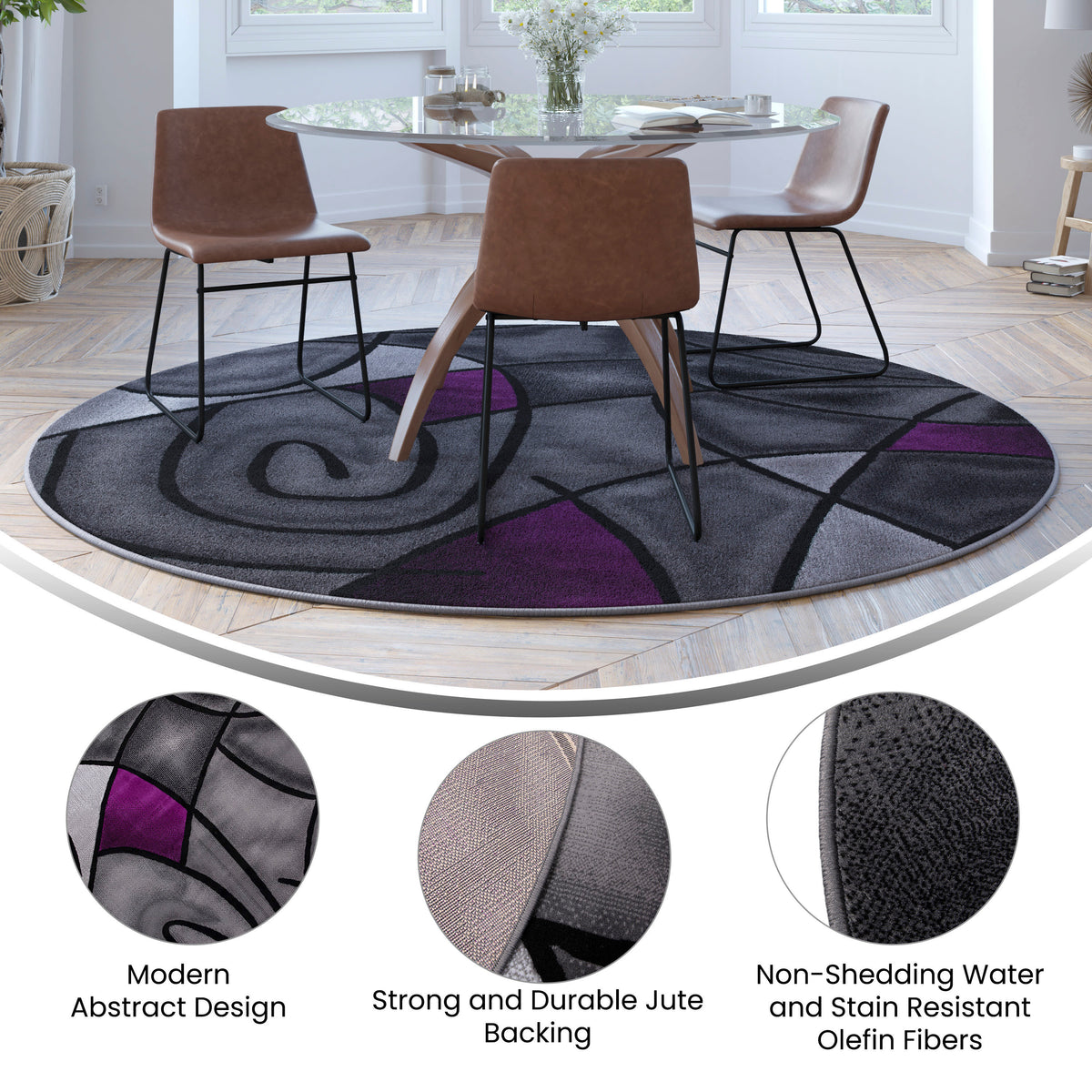 Purple,7' Round |#| Abstract Style Round Accent Area Rug with Purple and Gray Design - 7' x 7'