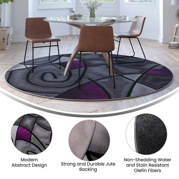 Purple,7' Round |#| Abstract Style Round Accent Area Rug with Purple and Gray Design - 7' x 7'