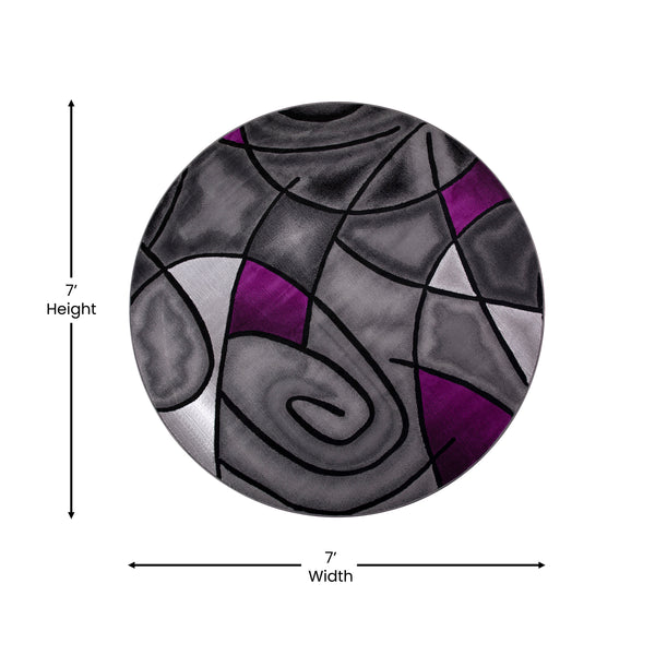 Purple,7' Round |#| Abstract Style Round Accent Area Rug with Purple and Gray Design - 7' x 7'
