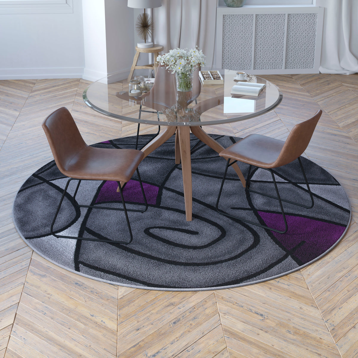 Purple,7' Round |#| Abstract Style Round Accent Area Rug with Purple and Gray Design - 7' x 7'