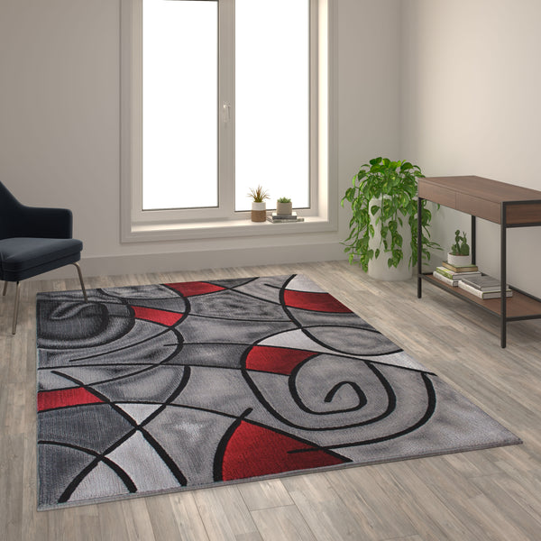 Red,6' x 9' |#| Modern Olefin Accent Area Rug - Red & Gray Abstract Pattern - 6' x 9'