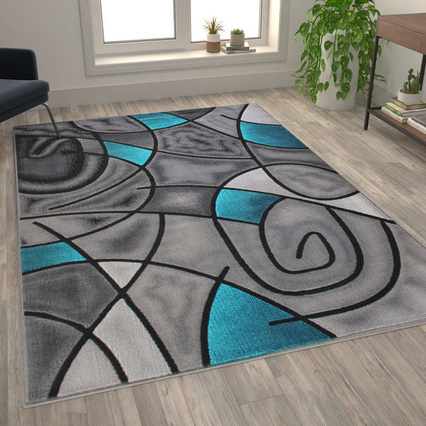Turquoise,6' x 9' |#| Modern Olefin Accent Area Rug - Turquoise & Gray Abstract Pattern - 6' x 9'