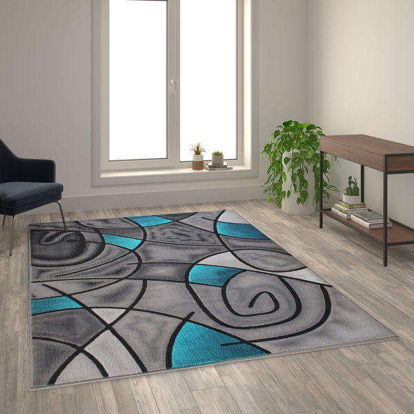 Turquoise,6' x 9' |#| Modern Olefin Accent Area Rug - Turquoise & Gray Abstract Pattern - 6' x 9'