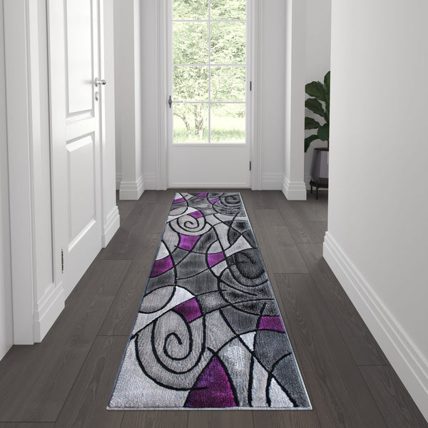 Purple,2' x 7' |#| Abstract Design Hallway Runner Accent Rug - Purple and Gray - 2' x 7'
