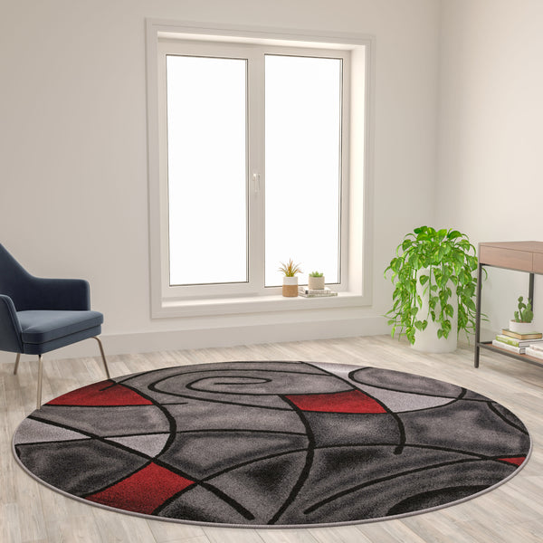 Blue,7' Round |#| Abstract Style Round Accent Area Rug with Red and Gray Design - 7' x 7'
