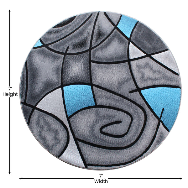 Blue,7' Round |#| Abstract Style Round Accent Area Rug with Red and Gray Design - 7' x 7'