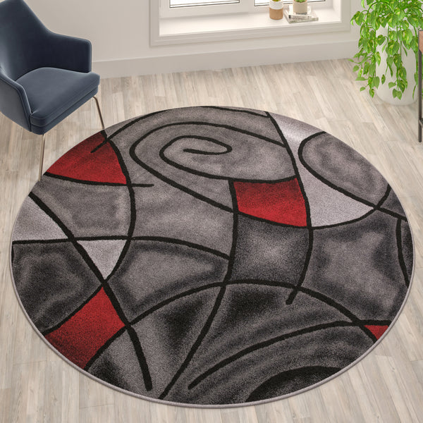 Blue,7' Round |#| Abstract Style Round Accent Area Rug with Red and Gray Design - 7' x 7'