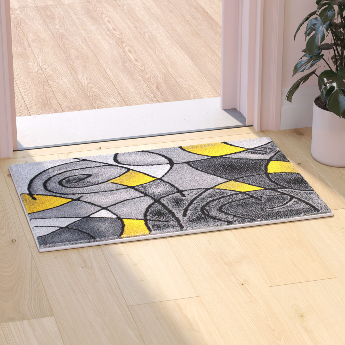 Yellow,2' x 3' |#| Abstract Style Design Entryway Accent Rug - Yellow & Gray - 2' x 3'