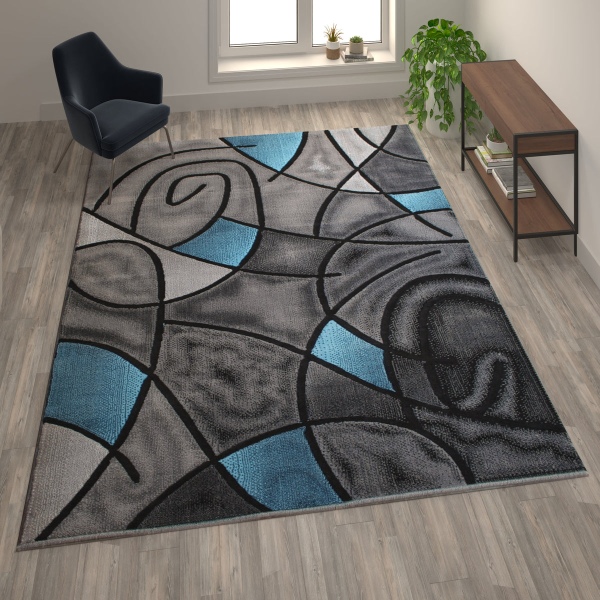 Blue,8' x 10' |#| Modern Olefin Accent Area Rug - Blue & Gray Abstract Pattern - 8' x 10'