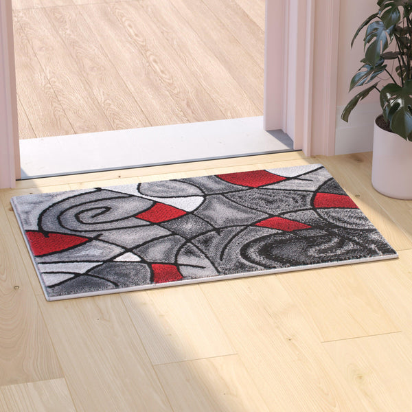 Red,2' x 3' |#| Abstract Style Design Entryway Accent Rug - Red & Gray - 2' x 3'