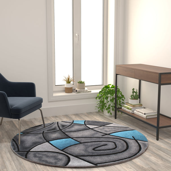 Blue,5' Round |#| Abstract Style Round Accent Area Rug with Blue and Gray Design - 5' x 5'